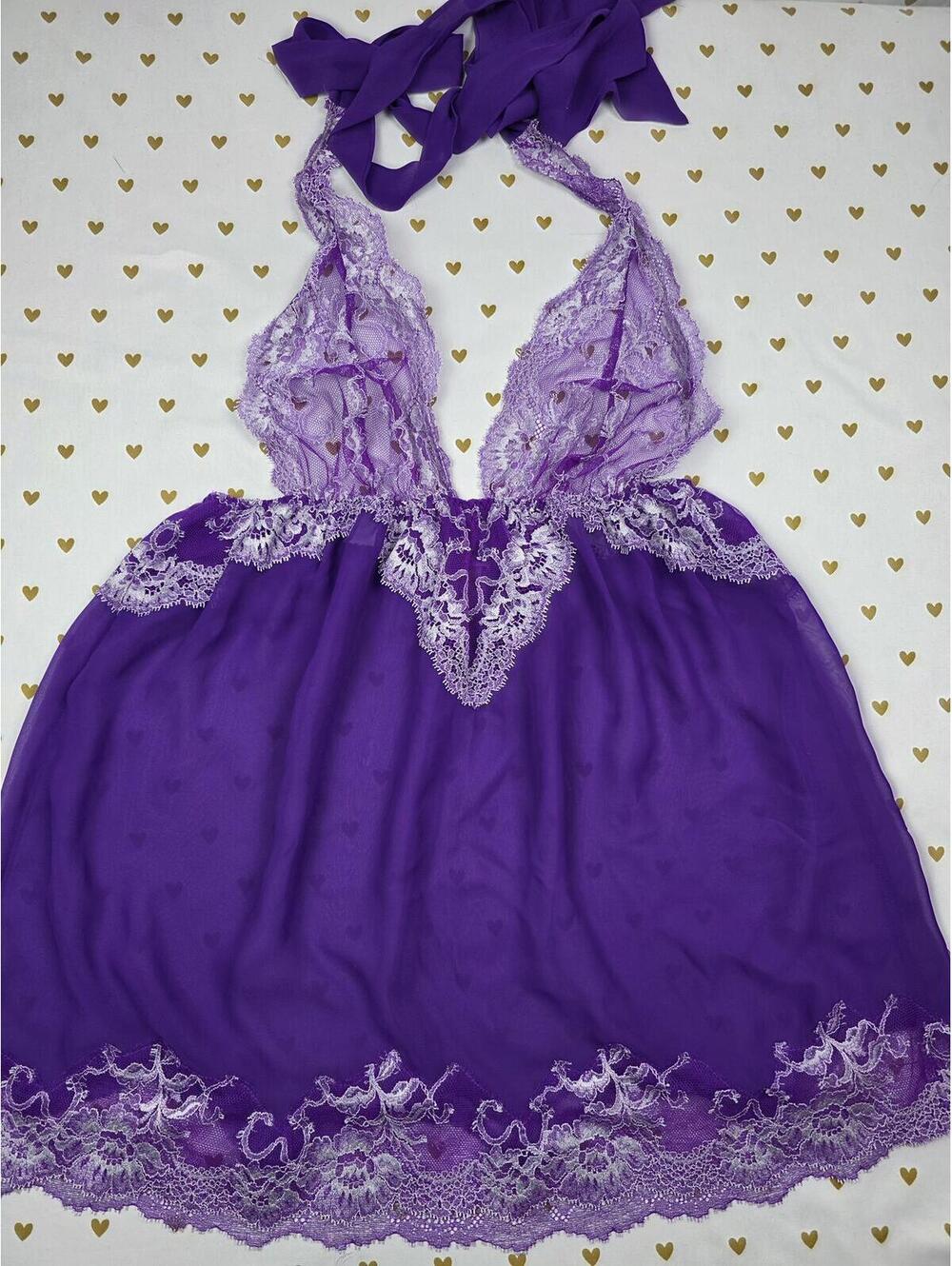 Victorias Secret Purple Lace Halter Sheer Tie Nightie Lingerie Babydoll LARGE